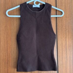 Babaton Aritzia Dark Brown Ribbed Knit High Neck Tank Top Size S